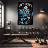 Skeleton lifting a barbell in a gym with weights displayed.