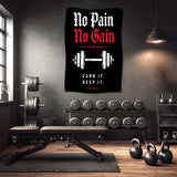 Black banner with "No Pain No Gain" and barbell graphic above gym equipment.