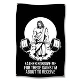 Father Forgive Me for These Gains Gym Poster, Jesus Lifting Weights Wall Art, Fitness Motivational Print for Home Gym Decor