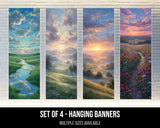 four hanging banners, each depicting a different landscape scene.