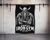Towel with skeleton viking graphic and text "Jimmy's Iron Gym No Pain. No Gain. Est 2026."