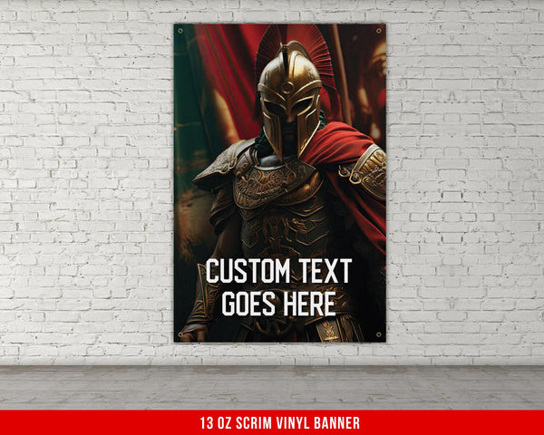 a poster of a knight with a red cape on a brick wall