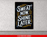 a black and white sign that says sweat now shine later