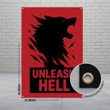 Unleash Hell Red Banner, Intense Wolf Print, Fierce Animal Design, Wall Art Decor, Eye-catching Red Flag, Home Decoration