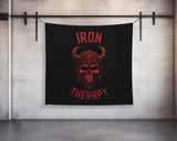 Iron Therapy | Custom Gym Tapestry | Home Gym Flag Decor | Large Quote Wall Art | Motivational Inspirational | Banner | Skull