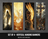 Christian Catholic banners with crosses, chalices, doves, ornate designs, gold accents, deep colors, religious decor, church decorations, sacred symbols, vertical worship banners, faith-themed artwork, spiritual atmosphere.