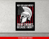 a poster of a spartan helmet on a brick wall