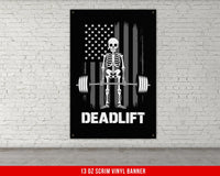 a poster of a skeleton lifting a barbell