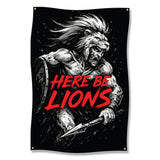 Epic Here Be Lions Wall Art, Roaring Lion Warrior Poster, Dark Fantasy Decor, Unique Home Office Artwork, Striking Motivational Print