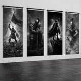 four black and white pictures of men, each with different poses and expressions, hanging on a wall.