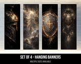 four banners, each depicting a different scene with a sword, a shield, a helmet, and clouds.