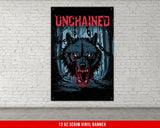 a poster of a wolf with red eyes on a brick wall