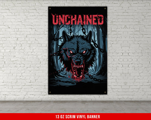 a poster of a wolf with red eyes on a brick wall