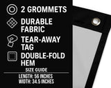 The image is a black and white advertisement for a product, likely a projector or screen. It features a size guide with dimensions of 56 inches by 34.5 inches. The ad includes icons representing the product's features, such as durability, fabric, tear-away, tag, and double-fold hem. The ad does not provide any additional information beyond the product's size guide.