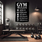 Gym rules banner with weight bench and dumbbells in a gym.