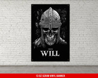 a poster of a skull wearing a helmet