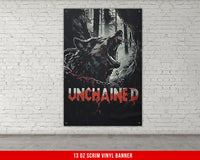 a poster of a wolf with chains hanging on a brick wall