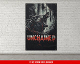 a poster of a wolf with chains hanging on a brick wall