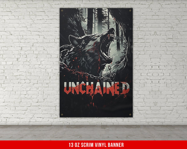 a poster of a wolf with chains hanging on a brick wall