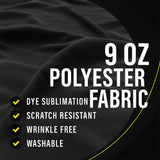 The image is a promotional graphic for a fabric product, specifically a 9 oz polyester fabric. It features a close-up view of the fabric, highlighting its properties such as dye sublimation, scratch resistance, wrinkles being free, and being washable.