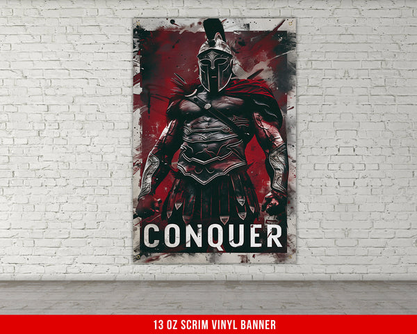 a painting of a roman soldier on a brick wall