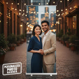 A couple posing for a photo in front of a city street at night, with string lights and potted plants lining the sidewalk.