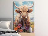Highland Cow Painting, Scottish Cattle Wall Art, Wildflower Meadow Scene, Farm Animal Decor, Rustic Farmhouse Vibe, Vibrant Nature Art