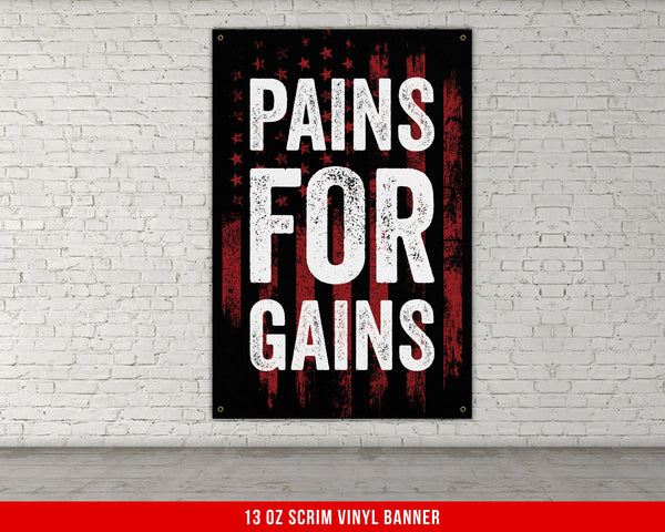 Pains For Gains Banner - Home Gym Decor - Large Motivational Quote Wall Art - Weightlifting - Skull Background - Sports Inspiration