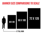 a comparison of banner sizes, with a person standing next to each size. The largest banner is labeled as a 6' tall man, indicating that it is significantly larger than the other banners.