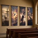a serene church interior with wooden pews and three large paintings of crosses hanging on the wall. The paintings feature a lamb, a dove, and a figure standing at a cross, all set against a backdrop of clouds and a sunset sky.