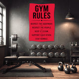 Red banner displaying "GYM RULES" with five rules listed in black text.