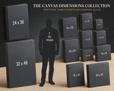 The image is a collection of black canvas boxes with dimensions and corresponding person silhouettes, providing a guide for selecting the appropriate canvas size for a hand-stretched person.