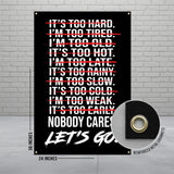 Black banner with motivational text "LET'S GO" against crossed-out excuses.