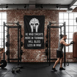 He Who Sweats Gym Flag 5x3 | Motivational Workout Banner for Home Gym Garage Dorm | Large Weightlifting Wall Decor | Gifts For Him