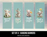four hanging banners with illustrations of a lamb, a rabbit, a bear, and an elephant, along with Bible verse references.