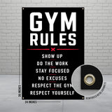 Gym Rules banner listing workout principles with reinforced metal grommets.