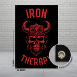 Iron Therapy Banner, Fitness Wall Art, Gym Decor, Workout Motivation Poster, Viking Skull Artwork, Home Gym Decoration