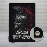 Custom Spartan Skull Banner 24x36 Inches, Wall Art, Gothic Decor, Reinforced Metal Grommets, Unique Dark Artwork, Home Decor