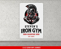 a white brick wall with a sign that says iron gym