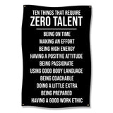 Black banner listing ten qualities requiring zero talent.