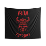Iron Therapy | Custom Gym Tapestry | Home Gym Flag Decor | Large Quote Wall Art | Motivational Inspirational | Banner | Skull