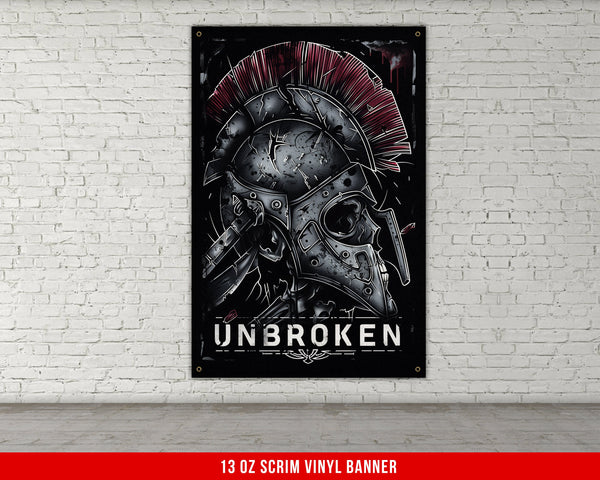 a brick wall with a poster of a helmet on it