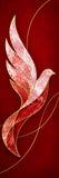 a stylized bird in flight, with its wings spread wide and a red and gold color scheme. The bird appears to be made of a material that resembles marble, giving it a textured and ornate appearance. The background is a deep red color, which contrasts with the bird and accentuates its presence.