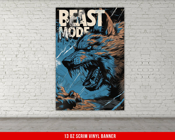 a poster on a brick wall of a wolf