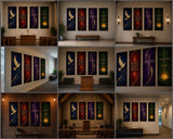 The image is a collage of nine images depicting various scenes and settings, including a church interior, a hallway, a pews, a stage, a podium, a potted plant, a bird, and a cross.