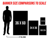 The image is a size comparison to scale, depicting the relative sizes of different banner sizes. It shows a man standing next to the banners, with the text "BANNER SIZE COMPARISONS TO SCALE" above the man. The image includes the sizes of the banners in feet, with the largest banner being 36 feet tall and the smallest being 18 feet tall.