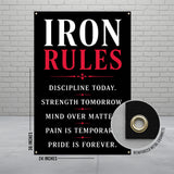 Large banner with "IRON RULES" and motivational quotes, 24x36 inches.