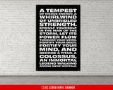 a black and white poster on a white brick wall