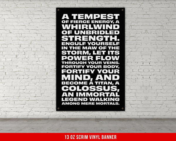 a black and white poster on a white brick wall