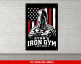 Ryan's Gym banner with Spartan helmet and American flag.